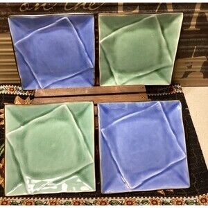 Pier 1 Discontinued Crackle Sushi Square Dishes Plates Set Of 4 Blue & Green